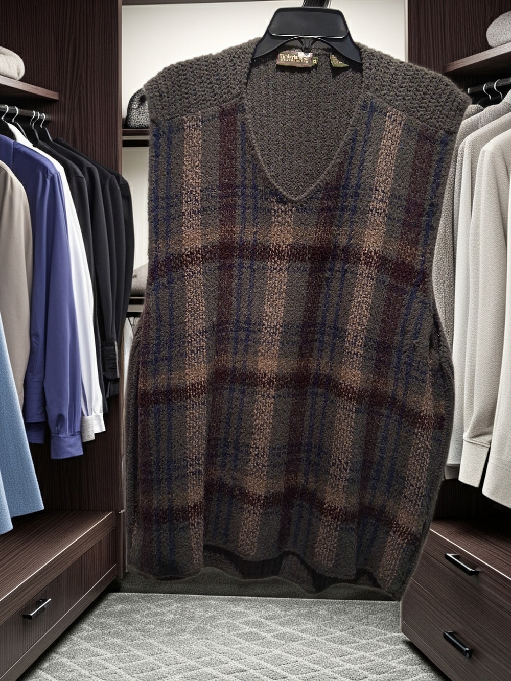 Timberland Brown Gray Plaid V-Neck Sweater Vest Size XL